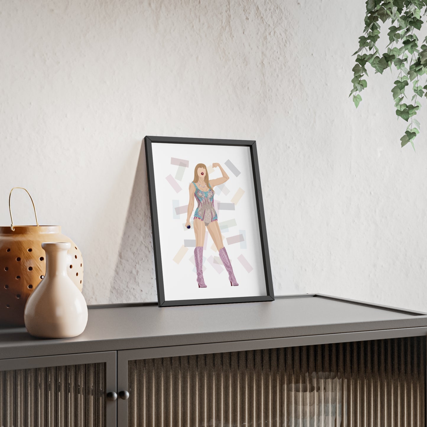 Pop Star Singer Illustration Poster with Wooden Frame | Blue and Pink Bodysuit