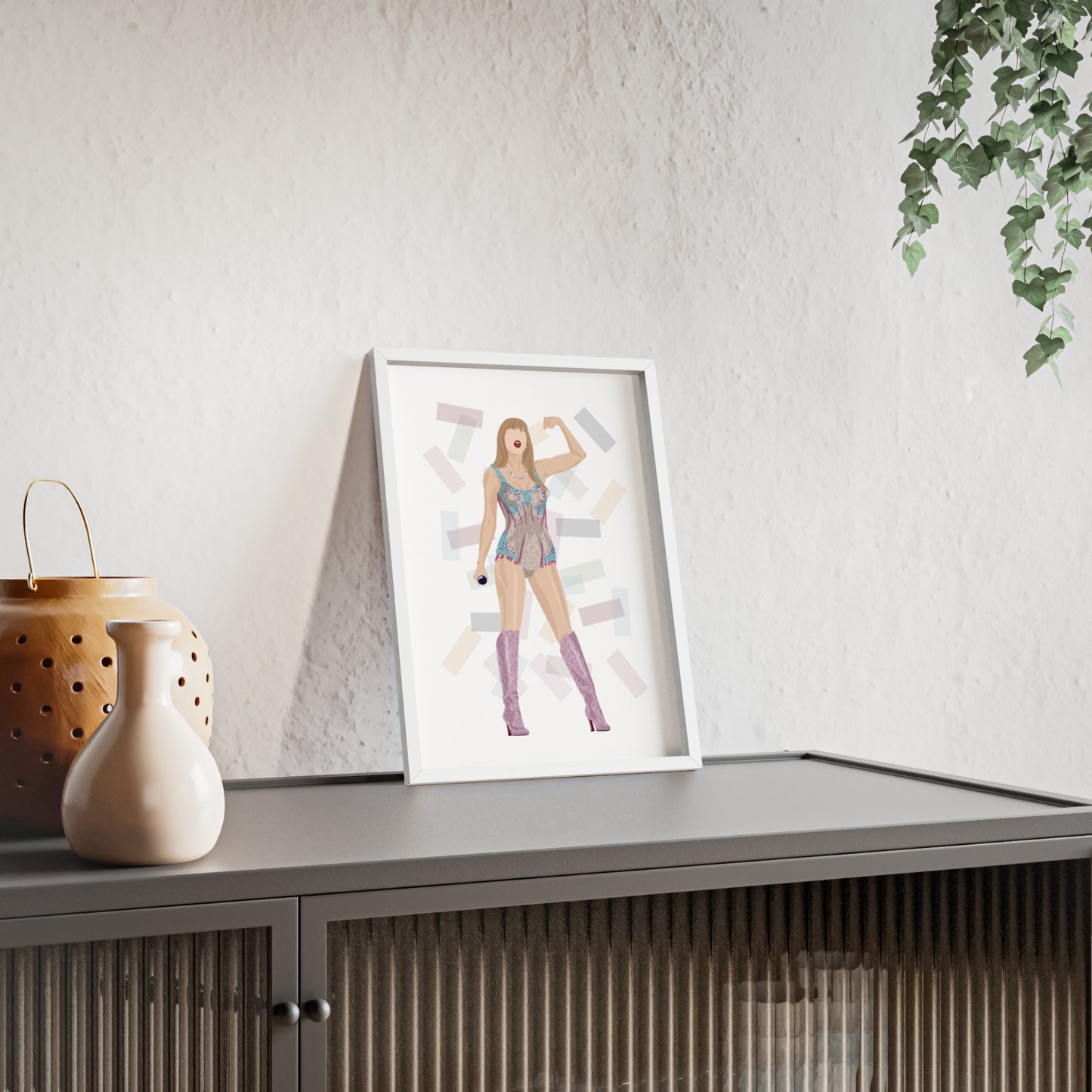 Pop Star Singer Illustration Poster with Wooden Frame | Blue and Pink Bodysuit