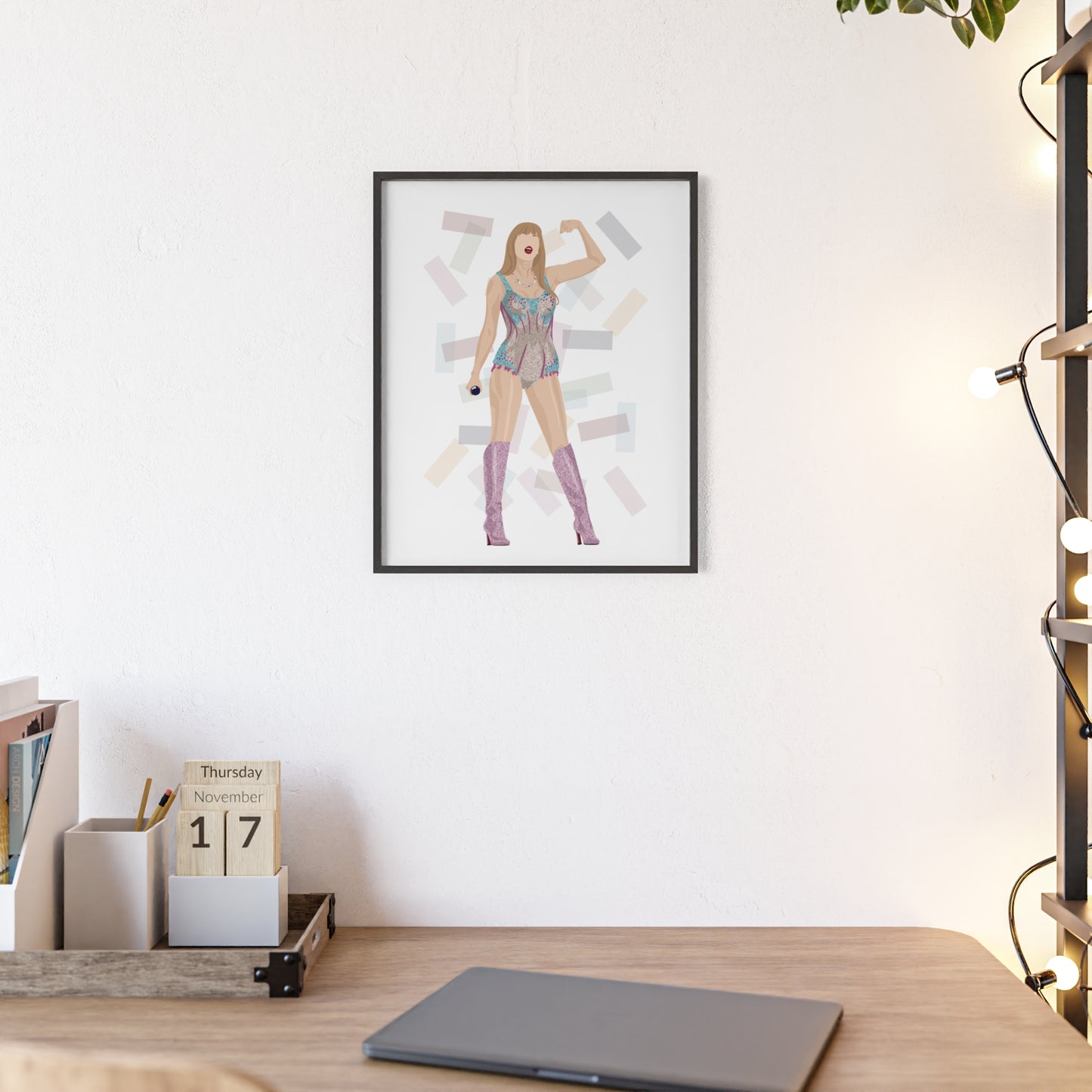 Pop Star Singer Illustration Poster with Wooden Frame | Blue and Pink Bodysuit