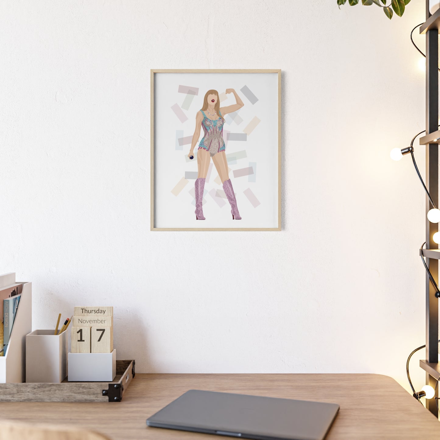Pop Star Singer Illustration Poster with Wooden Frame | Blue and Pink Bodysuit
