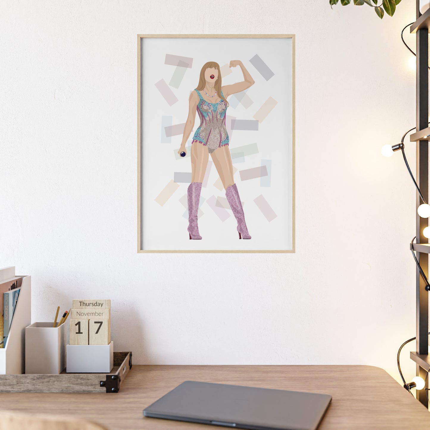 Pop Star Singer Illustration Poster with Wooden Frame | Blue and Pink Bodysuit