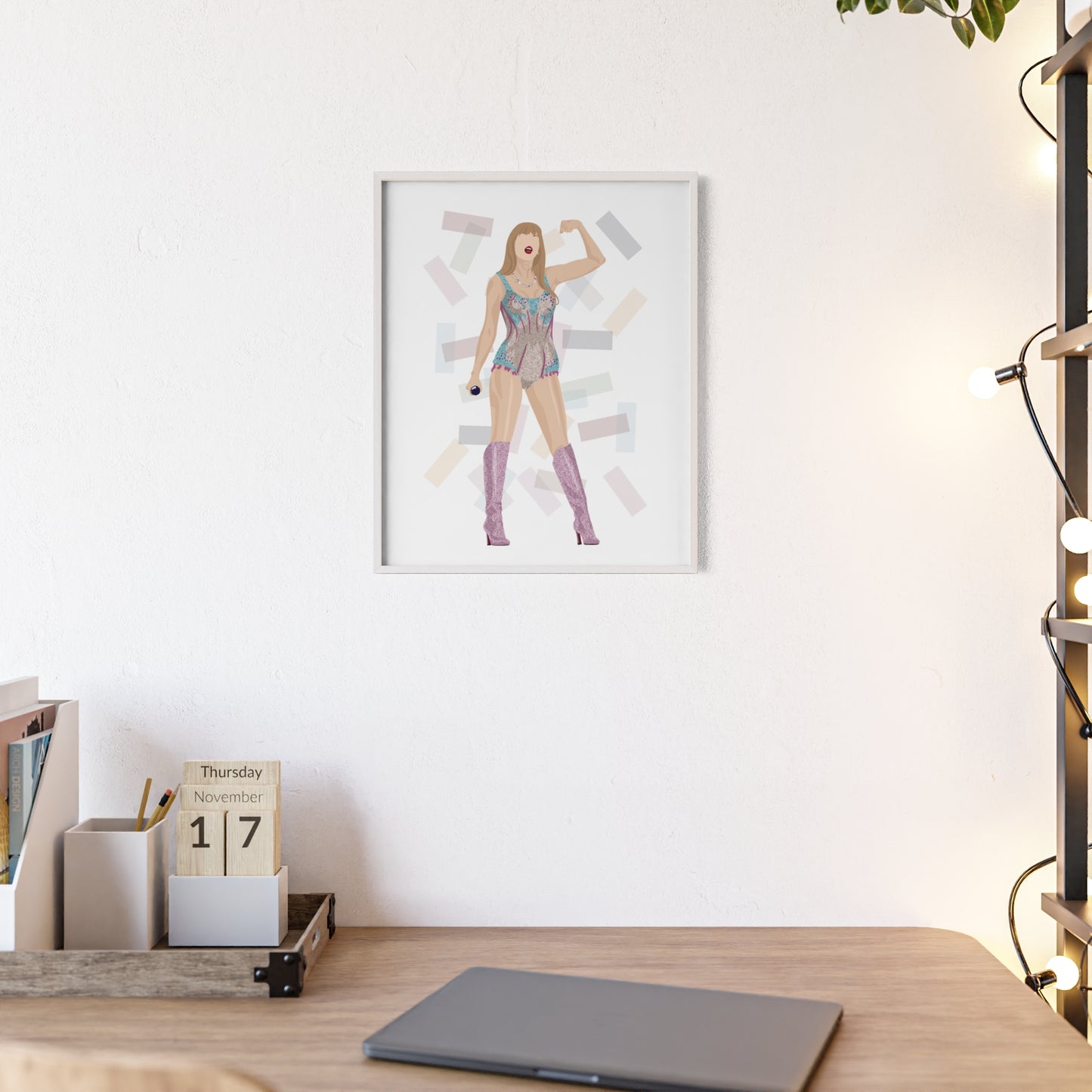 Pop Star Singer Illustration Poster with Wooden Frame | Blue and Pink Bodysuit