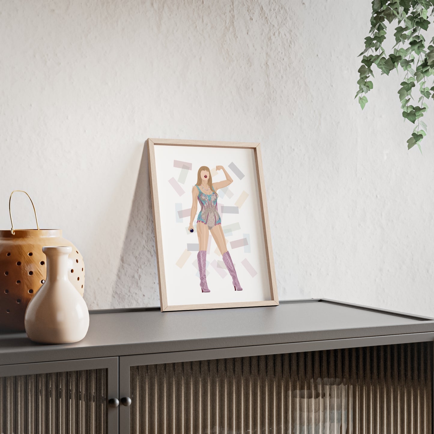 Pop Star Singer Illustration Poster with Wooden Frame | Blue and Pink Bodysuit
